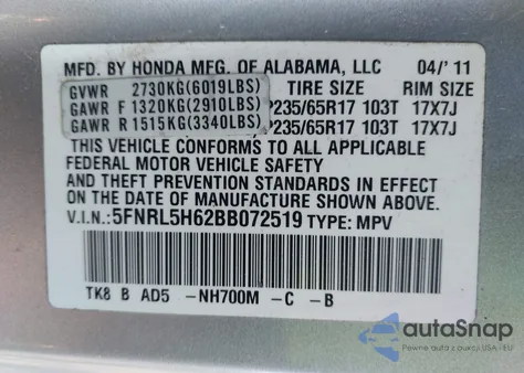 2011 Honda Odyssey Ex-L from USA, damaged, VIN 5FNRL5H62BB072519